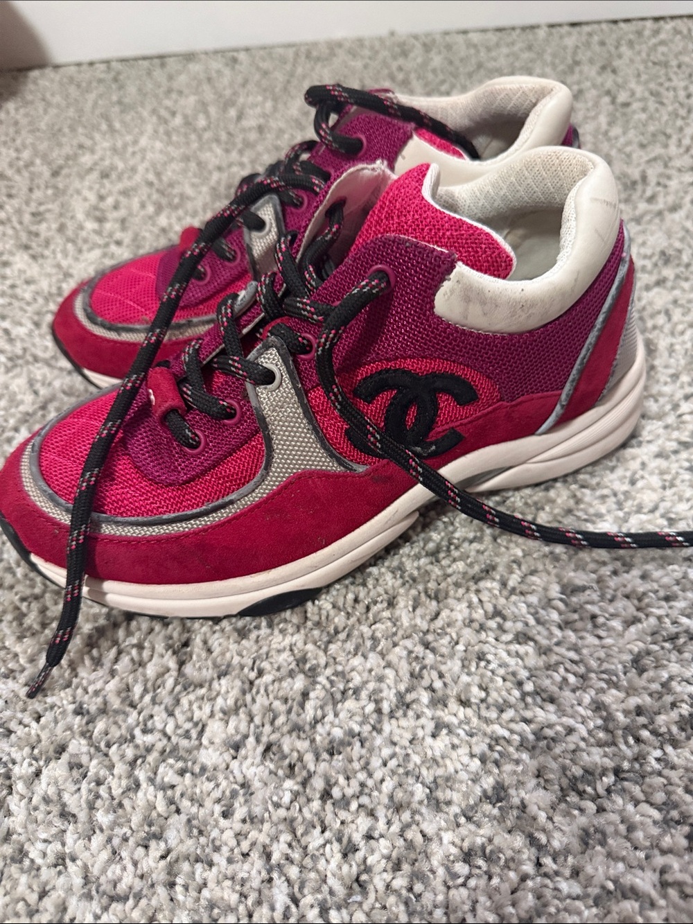 CHANEL Fuchsia Suede & Mesh Low-Top Sneakers
